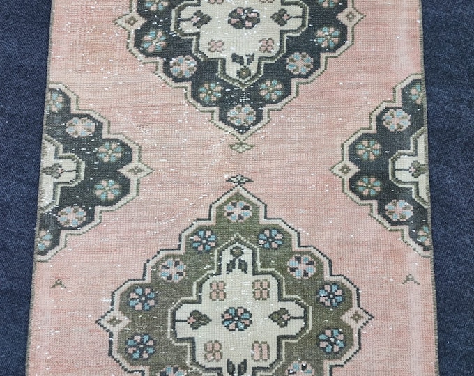 3x21 Vintage Turkish Oushak Runner Rug, Handmade Wool Pink Green Extra Long Hallway Runner