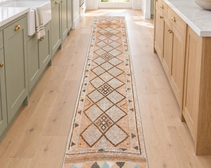 Vintage Turkish Wool Runner Rug, Faded Peach Beige Geometric Herki Design (2'5" x 12'5")
