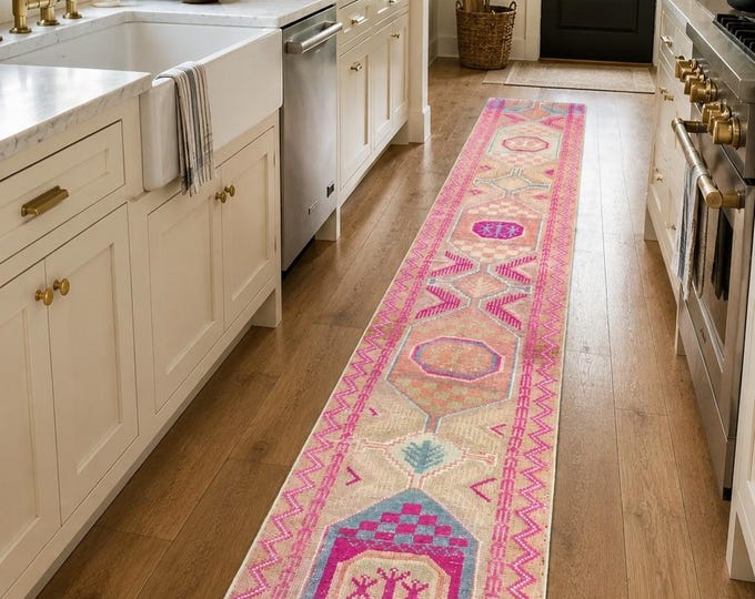 3x13 Vintage Turkish Oushak Runner Rug, Pink Handmade Wool Hallway Carpet, Kitchen Corridor Decor