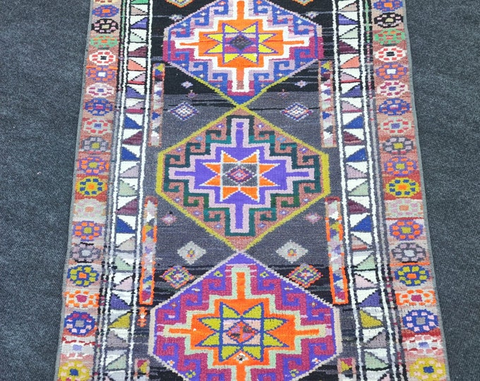 3x10 Vintage Turkish Oushak Runner Rug, Handmade Wool Colorful Herki Style Hallway Carpet