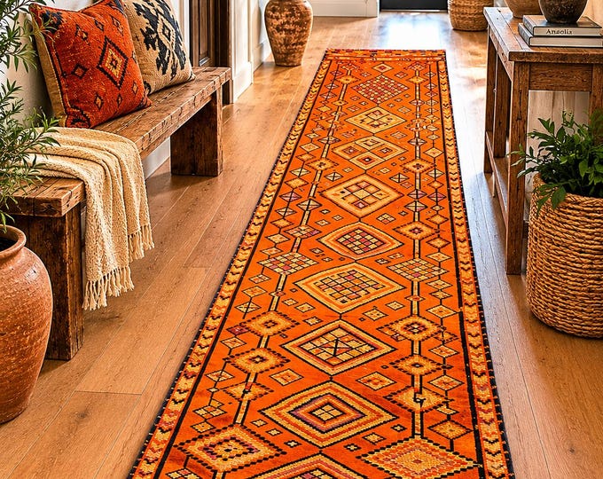 3x12 Vintage Turkish Runner Rug, Orange Rust Geometric, Handmade Wool Anatolian