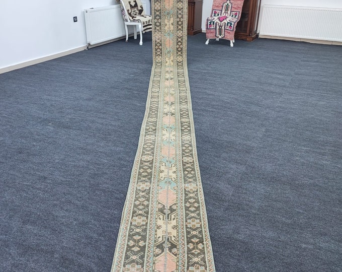 2x20 Vintage Turkish Wool Rug, Sage Green Beige Geometric Extra Long Hallway Runner