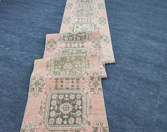 Vintage Turkish Herki Wool Runner Rug, Faded Blush Green Geometric Design (2'8" x 19'4")