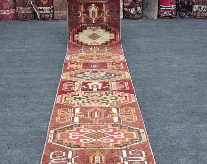 2x13 Vintage Turkish Wool Runner, Rust Red Geometric Hallway Rug (2'1" x 12'10")