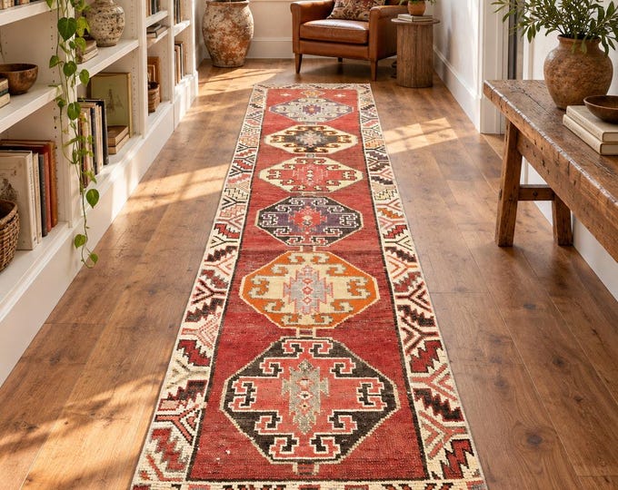 3x12 Vintage Turkish Runner Rug, Handmade Wool Red Tribal Hallway Carpet, Geometric Anatolian Runner
