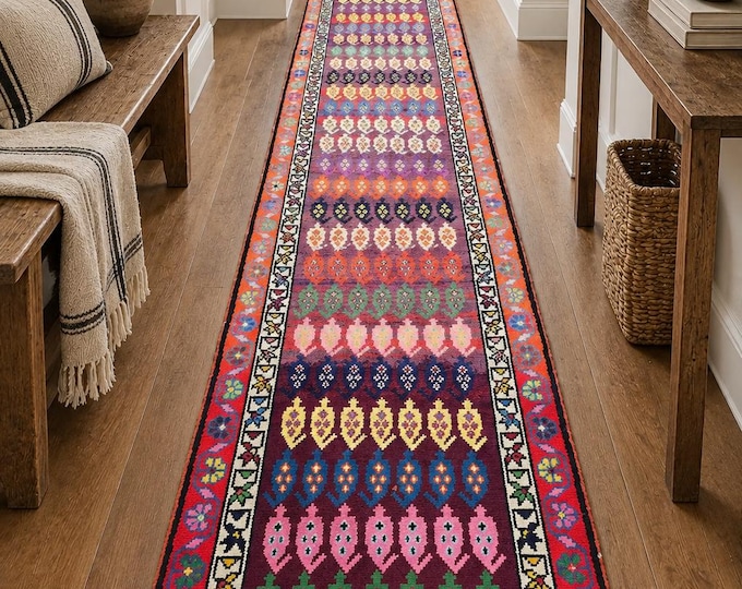 3x12 Vintage Turkish Runner Rug, Colorful Wool Geometric Anatolian Hallway Carpet