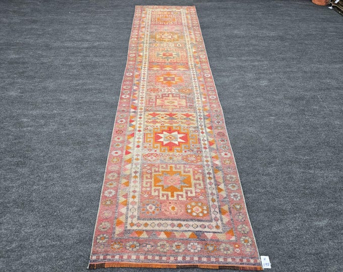 3x10 Vintage Turkish Runner Rug, Faded Coral Pink Geometric Hallway Carpet, 2'6" x 10'5"