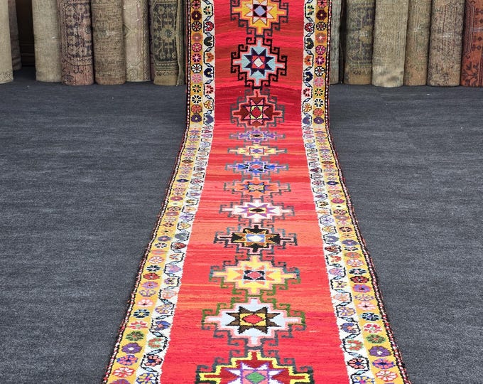3x16 Vintage Turkish Wool Runner Rug, Red Geometric Extra Long Hallway Carpet (2'8" x 15'6")