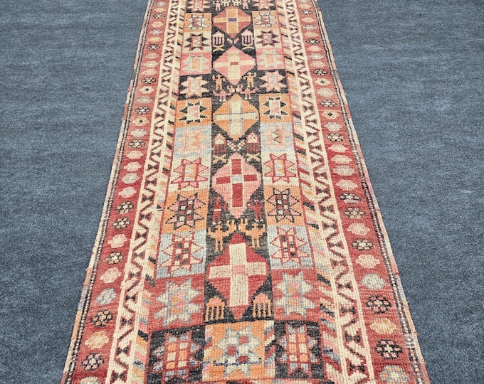 3x11 Vintage Turkish Oushak Runner Rug, Handmade Wool Anatolian Hallway Carpet, Narrow Kitchen Decor
