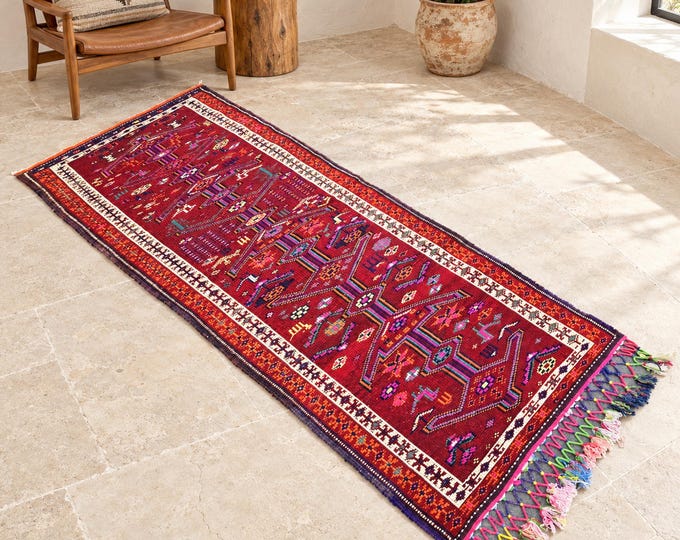 Vintage Turkish Wool Runner Rug, Burgundy Tribal Geometric Hallway Rug, 3x7 Ft