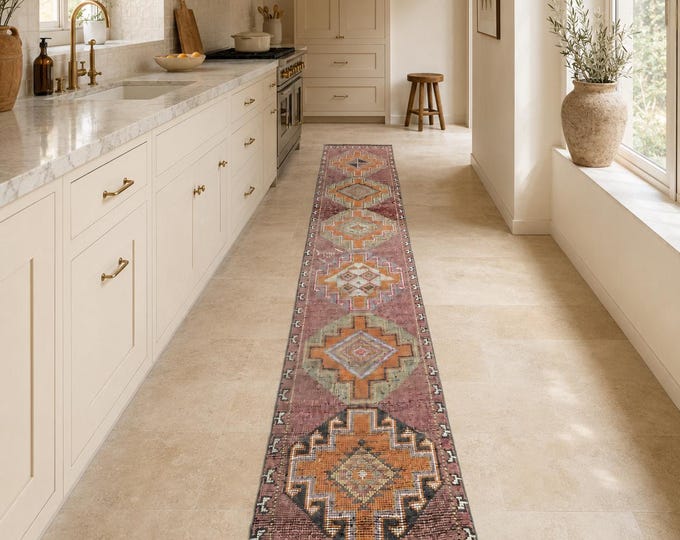 3x12 Vintage Turkish Oushak Runner Rug, Handmade Wool Tribal Boho Hallway Carpet