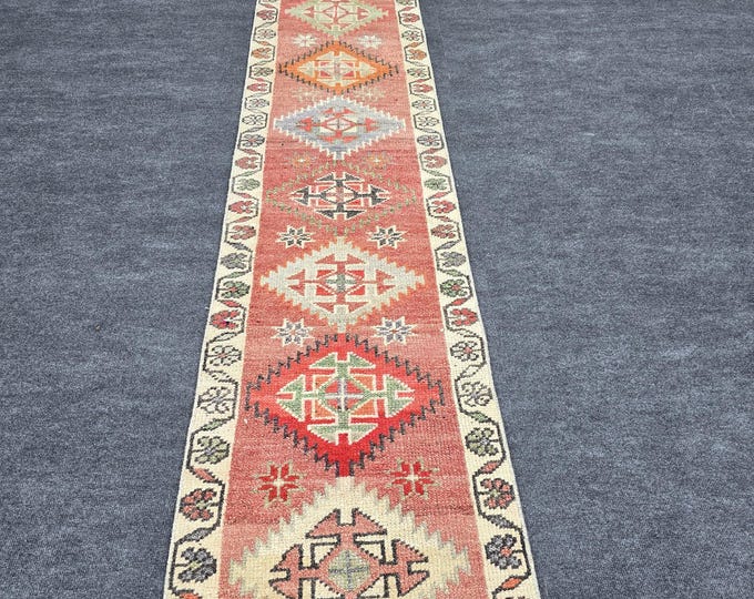 2x12 Vintage Turkish Runner Rug, Hand-Knotted Wool Oushak Hallway Carpet