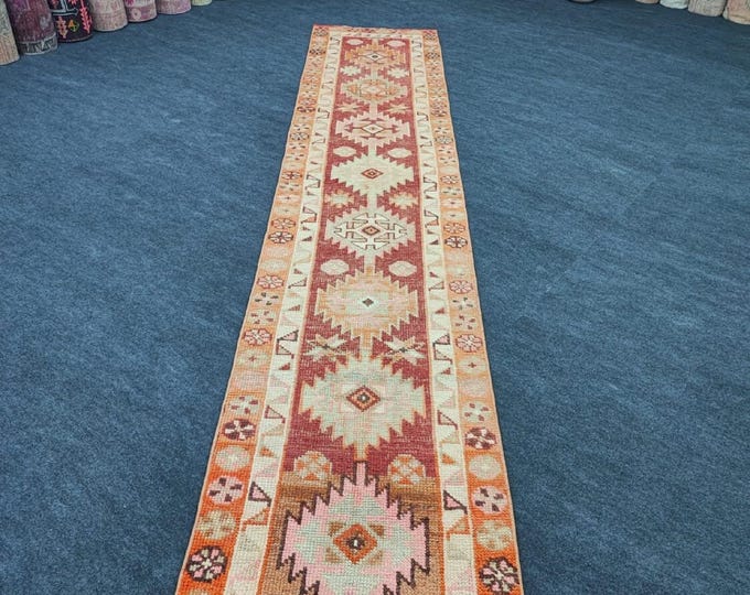 3x14 Vintage Turkish Runner Rug, Rust Orange Pink Geometric Wool Hallway Rug