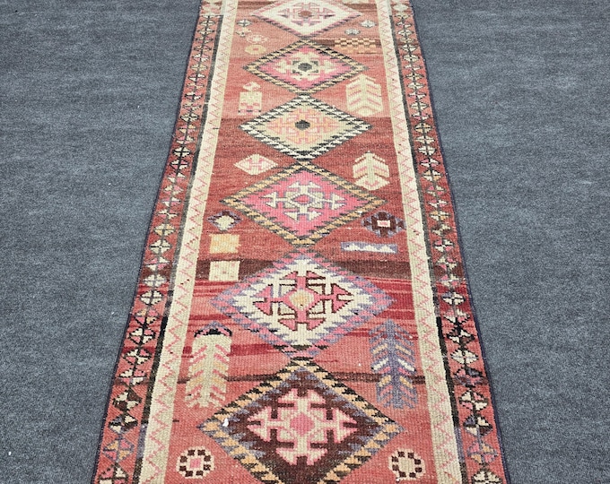 3x11 Vintage Turkish Runner Rug, Faded Red Wool, Geometric Anatolian Hallway Carpet