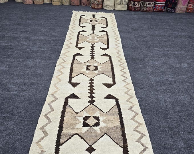 3x11 Vintage Moroccan Wool Runner, Ivory Brown Geometric Hallway Rug, Hand Knotted Carpet