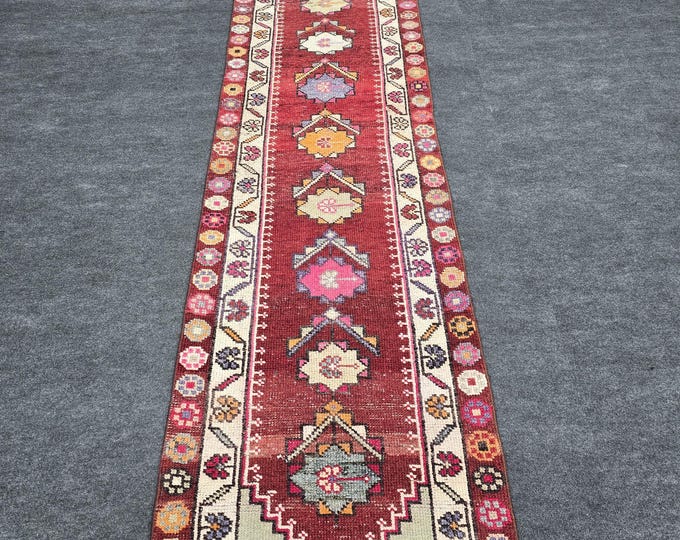 3x12 Vintage Turkish Oushak Runner Rug, Burgundy Handmade Wool Geometric Hallway Runner