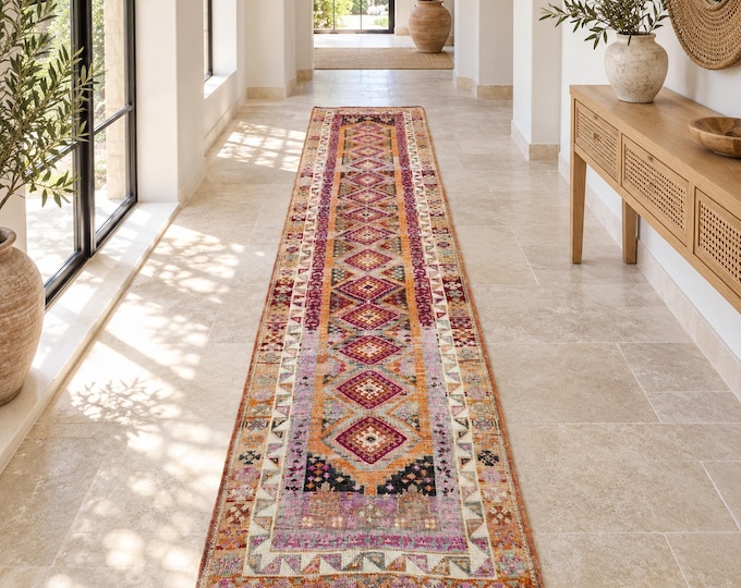3x14 Vintage Turkish Wool Runner Rug, Orange Purple Geometric Oushak Design, 2'9" x 14'