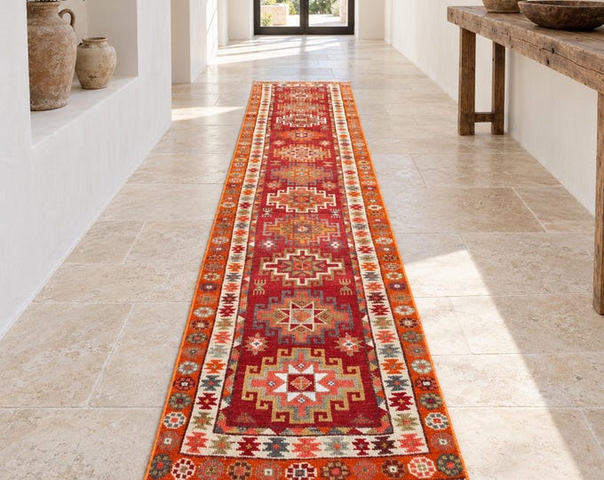3x12 Vintage Turkish Wool Runner Rug, Red Orange Herki Geometric Medallions, 2'8" x 12'2"