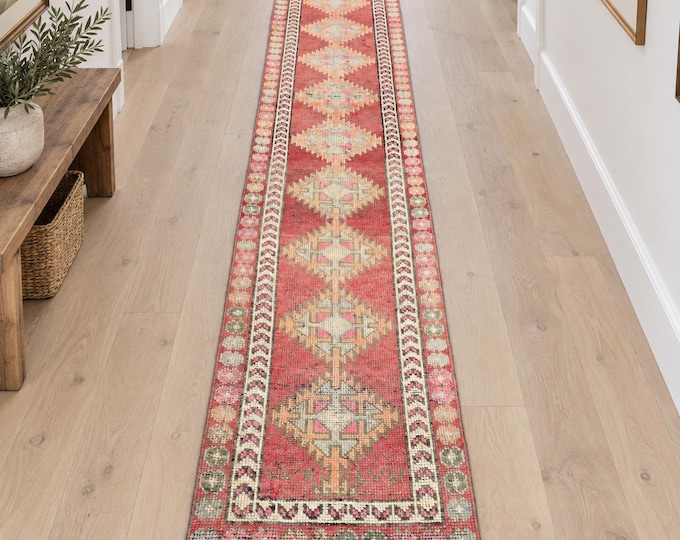 3x13 Vintage Turkish Runner Rug, Faded Terracotta Handmade Wool Geometric Anatolian Hallway Runner