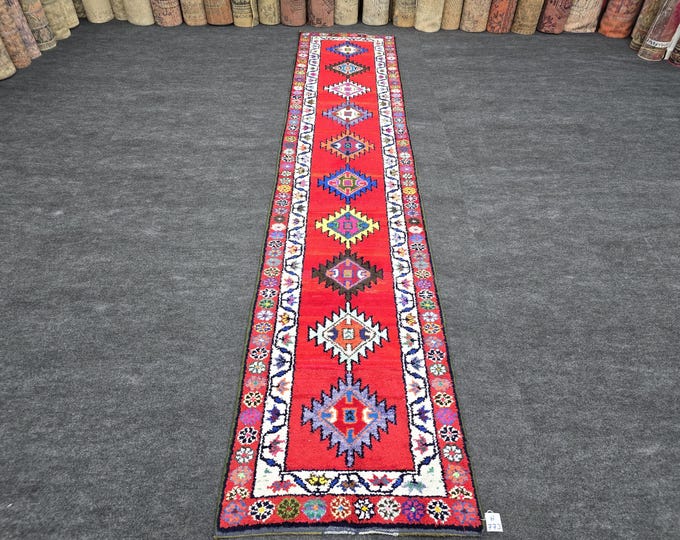 3x13 Vintage Turkish Oushak Rug, Red Tribal Wool Hallway Runner, Colorful Statement Rug