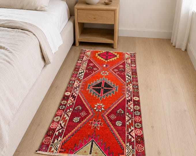 3x6 Vintage Turkish Wool Rug, Red Orange Geometric Anatolian Area Rug, Hand-Knotted Tribal Design