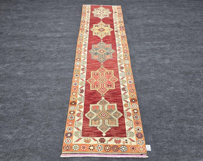 3x9 Vintage Runner Rug, Burgundy Red Geometric Hallway Carpet, Orange Floral Border