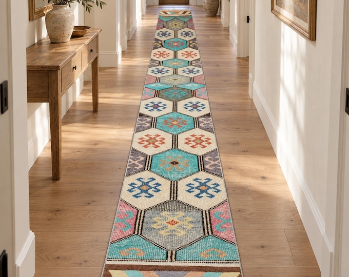 3x21 Vintage Turkish Runner Rug, Turquoise Hexagon Wool Hallway Carpet, Extra Long Tribal Rug