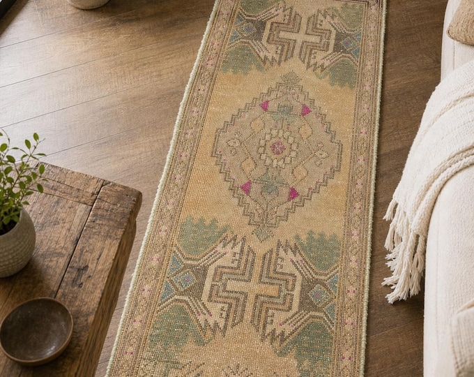 2x4 Vintage Turkish Oushak Runner Rug, Hand-Knotted Wool Distressed Beige Hallway Rug