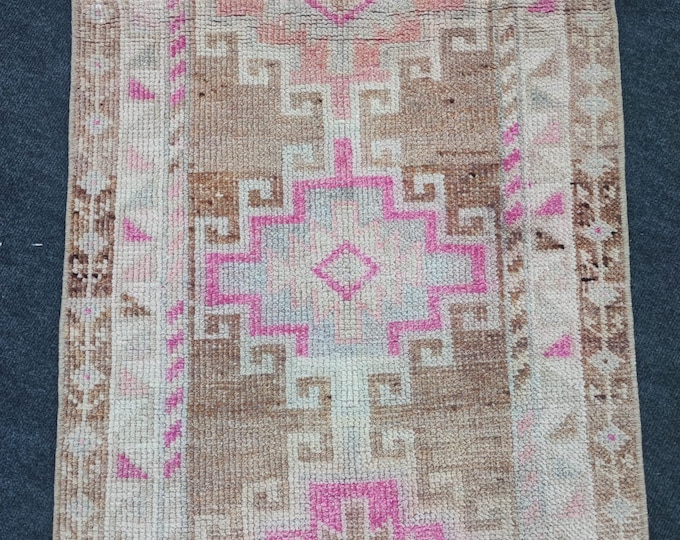3x14 Vintage Turkish Wool Runner, Faded Pink Beige Geometric Hallway Rug, Home Decor