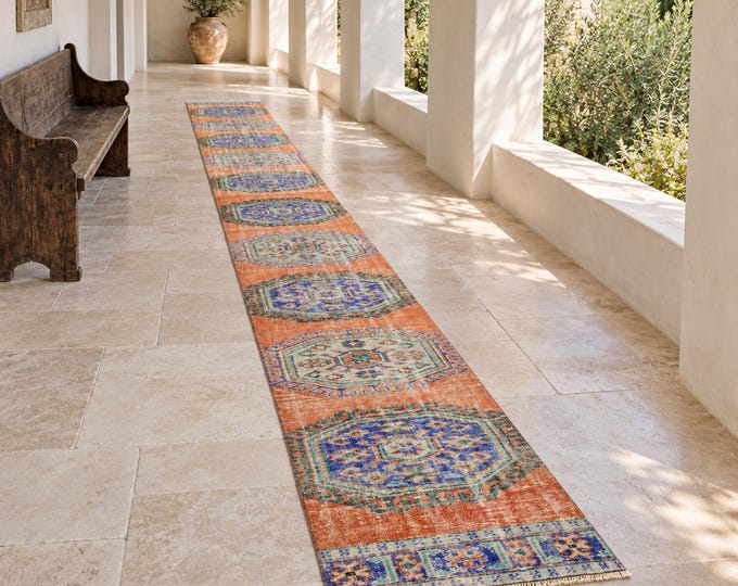 3x21 Vintage Turkish Runner Rug, Orange Blue Handmade Wool,  Extra Long Hallway Runner