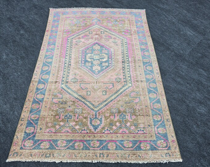 4x6 Vintage Turkish Area Rug, Faded Pink Blue Medallion Carpet, Boho Bedroom Decor
