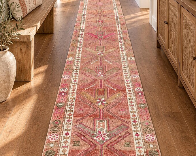 3x11 Vintage Turkish Oushak Runner Rug, Pink Hand-Knotted Wool Hallway Carpet, 2'6"x11'3"