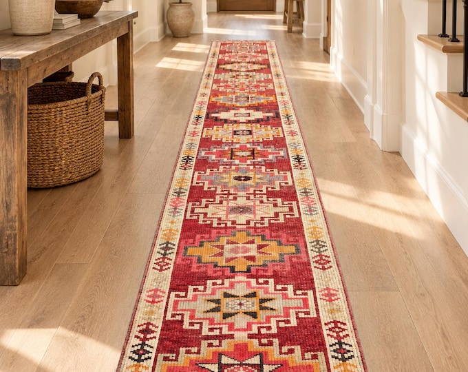 2x13 Vintage Turkish Oushak Runner Rug, Handmade Wool Geometric Tribal Hallway Carpet 2'1" × 12'10"