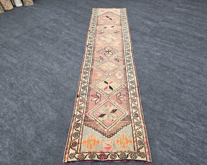 3x11 Vintage Turkish Herki Runner Rug, Dusty Pink Brown Geometric Wool Hallway Carpet