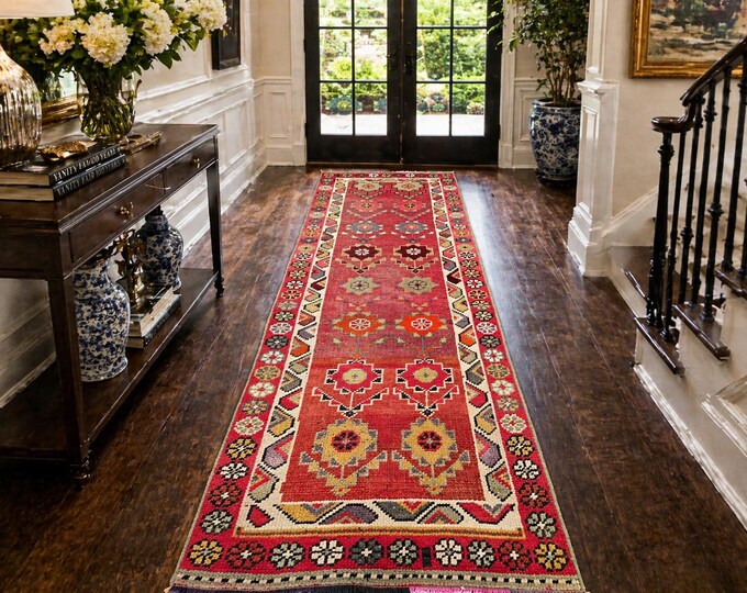 3x8 Vintage Turkish Runner Rug, Handmade Wool Red Floral Hallway Rug Corridor Home Decor