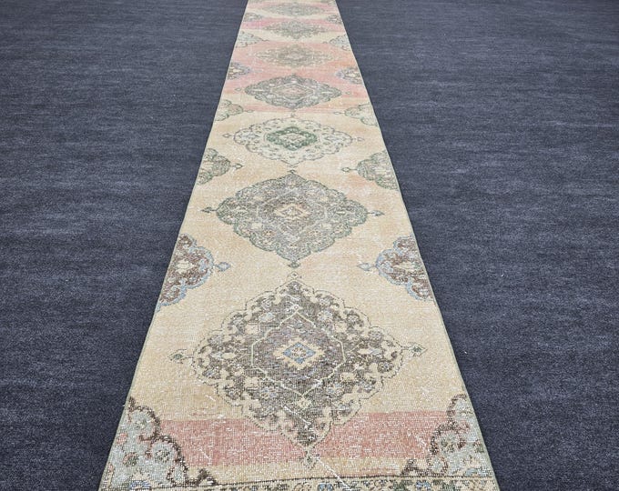 3x23 Vintage Turkish Wool Runner Rug, Extra Long Oushak Style Hallway Rug, Beige & Blush