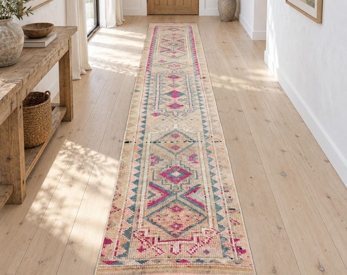 3x13 Vintage Turkish Wool Runner Rug, Pastel Pink Blue Geometric Herki Design, 2'6"x13'4"