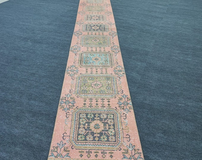 3x21 Vintage Turkish Wool Runner Rug, Peach Blue Geometric, Extra Long for Hallways