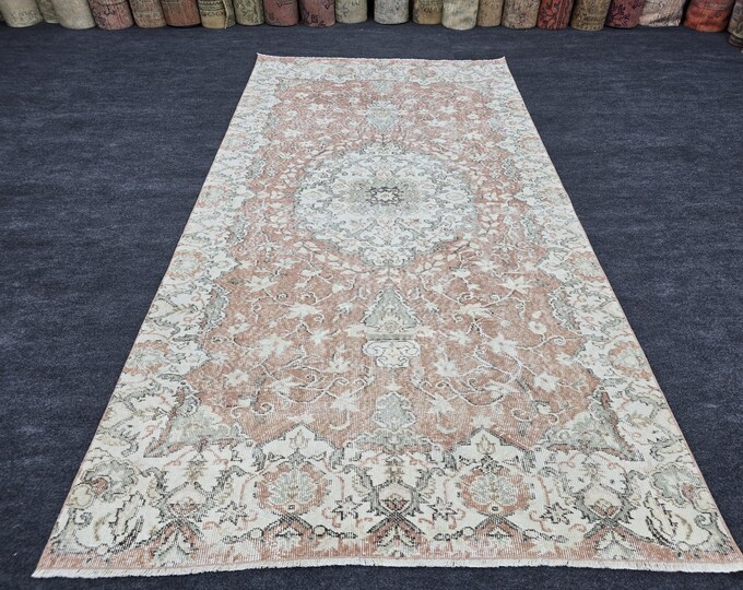 5x9 Vintage Turkish Oushak Wool Rug, Faded Blush Pink Floral Medallion (4'10" x 9'2")