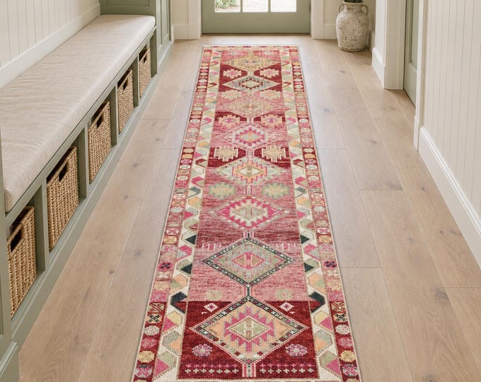 3x11 Vintage Turkish Oushak Wool Runner Rug, Red Orange Geometric Hallway Design (2'7" x 10'9")