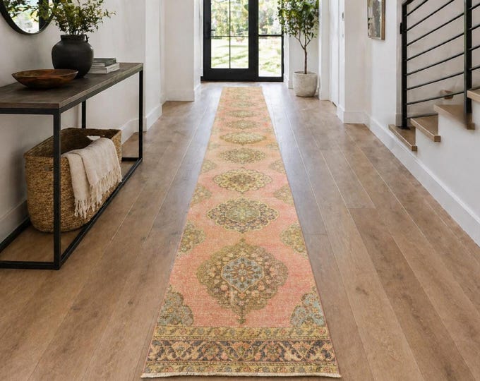 3x24 Vintage Turkish Extra Long Runner Rug, Blush Pink Medallion, Handmade Wool Oushak
