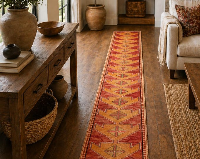 2x13 Vintage Turkish Runner Rug, Rust Red Wool Geometric Anatolian Hallway Carpet