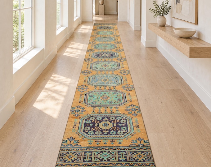 3x19 Vintage Turkish Wool Runner Rug, Faded Orange Blue Medallions, 2'5" x 19'4"