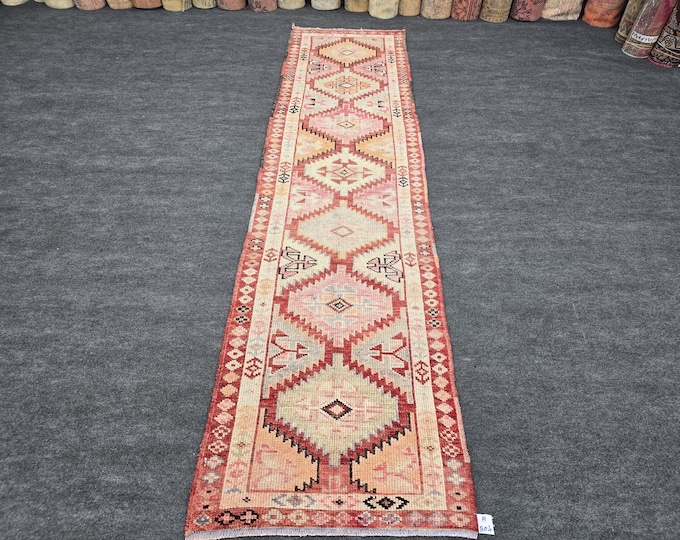 3x11 Blush Pink Turkish Runner, Vintage Oushak Wool Hallway Carpet, Handmade Anatolian Rug