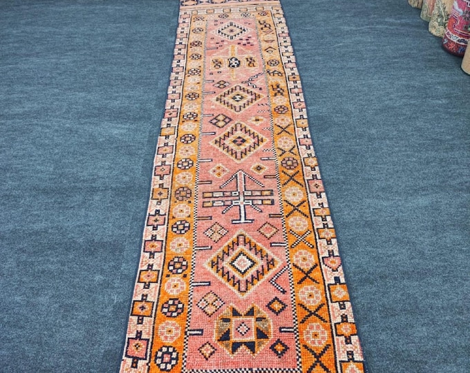 3x11 Vintage Turkish Runner Rug, Pink Orange Tribal Wool Hallway Rug, Boho Decor