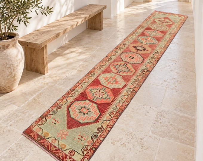 3x13 Vintage Turkish Oushak Runner Rug, Handmade Wool Extra Long Hallway Carpet