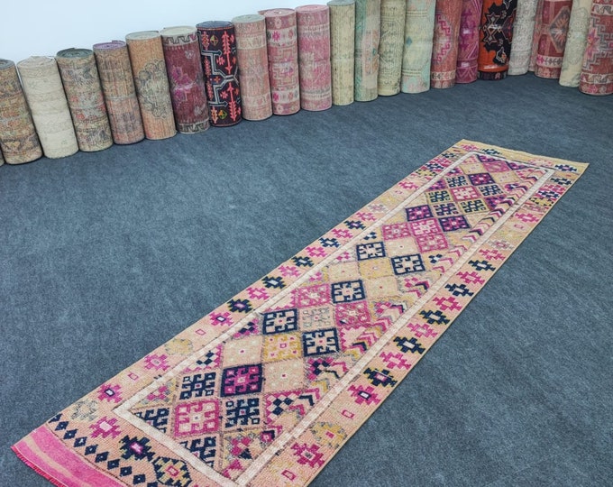 3x10 Vintage Turkish Runner Rug, Pink Navy Geometric Wool Hallway Rug, Boho Decor