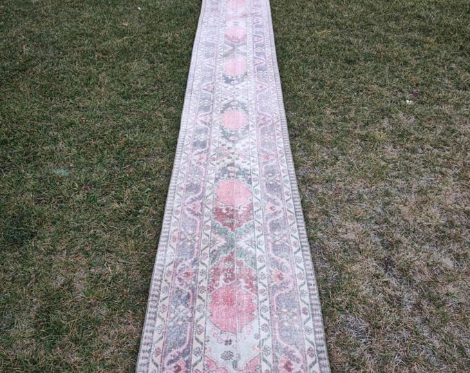 2x24 Vintage Turkish Oushak Runner Rug, Faded Pink Handmade Wool Extra Long Hallway Carpet