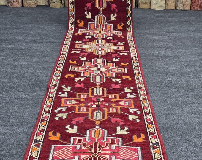 3x15 Vintage Turkish Oushak Wool Runner, Burgundy Extra Long Hallway Rug (2'9" x 14'5")