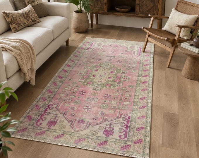 4x8 Vintage Oushak Rug, Handmade Wool Faded Pink Green Turkish Area Rug, Anatolian Decor